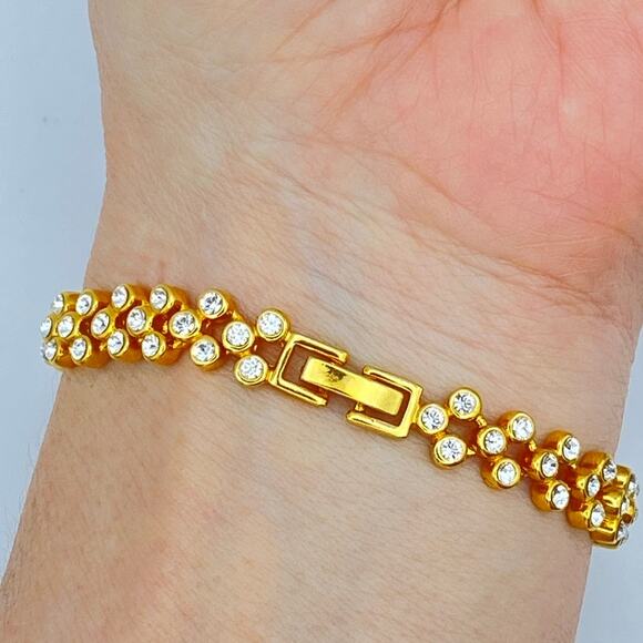 NWOT Elegant Cubic Zirconia Yellow Gold Tone Linked Chain Tennis Bracelet - Picture 8 of 14